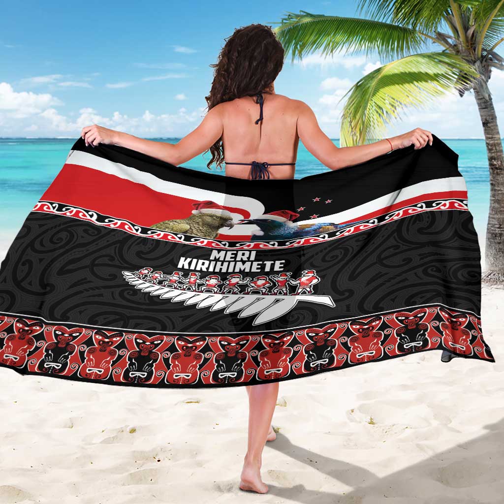 New Zealand Meri Kirihimete Sarong Christmas Tui Bird and Kea Bird - Haka Santa with Maori Koru Art Pattern LT03 - Polynesian Pride
