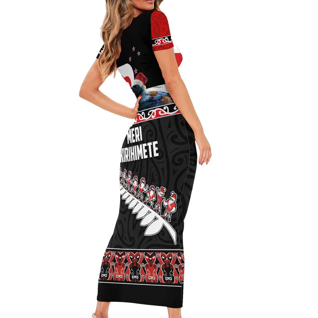 New Zealand Meri Kirihimete Short Sleeve Bodycon Dress Christmas Tui Bird and Kea Bird - Haka Santa with Maori Koru Art Pattern LT03 - Polynesian Pride