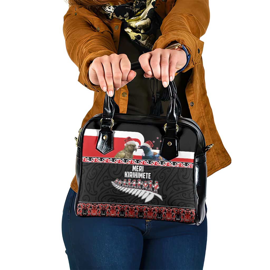 New Zealand Meri Kirihimete Shoulder Handbag Christmas Tui Bird and Kea Bird - Haka Santa with Maori Koru Art Pattern LT03 One Size Black - Polynesian Pride