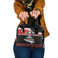 New Zealand Meri Kirihimete Shoulder Handbag Christmas Tui Bird and Kea Bird - Haka Santa with Maori Koru Art Pattern LT03 One Size Black - Polynesian Pride