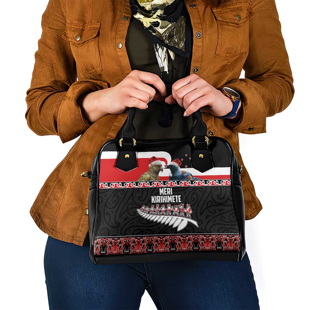 New Zealand Meri Kirihimete Shoulder Handbag Christmas Tui Bird and Kea Bird - Haka Santa with Maori Koru Art Pattern LT03 - Polynesian Pride