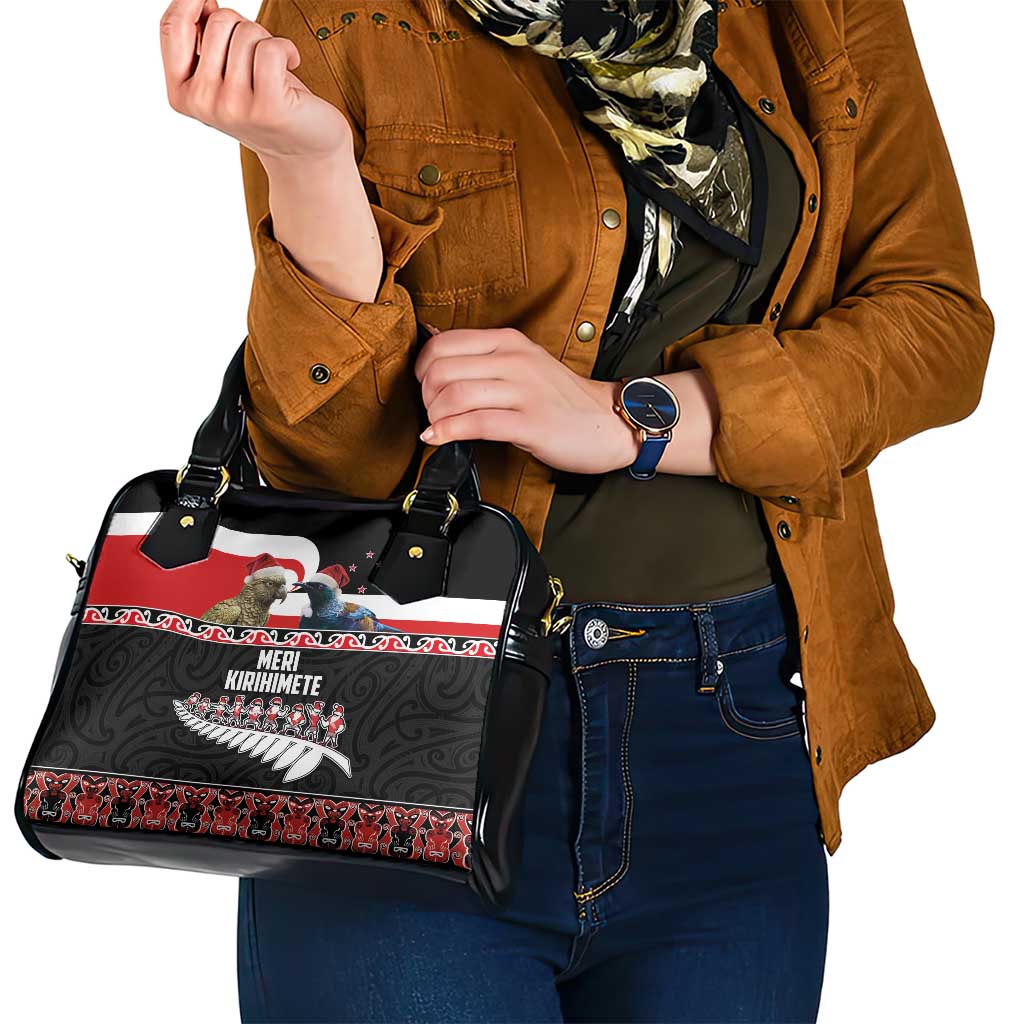 New Zealand Meri Kirihimete Shoulder Handbag Christmas Tui Bird and Kea Bird - Haka Santa with Maori Koru Art Pattern LT03 - Polynesian Pride
