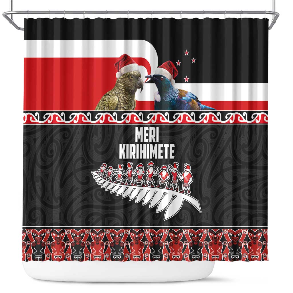 New Zealand Meri Kirihimete Shower Curtain Christmas Tui Bird and Kea Bird - Haka Santa with Maori Koru Art Pattern LT03 Black - Polynesian Pride