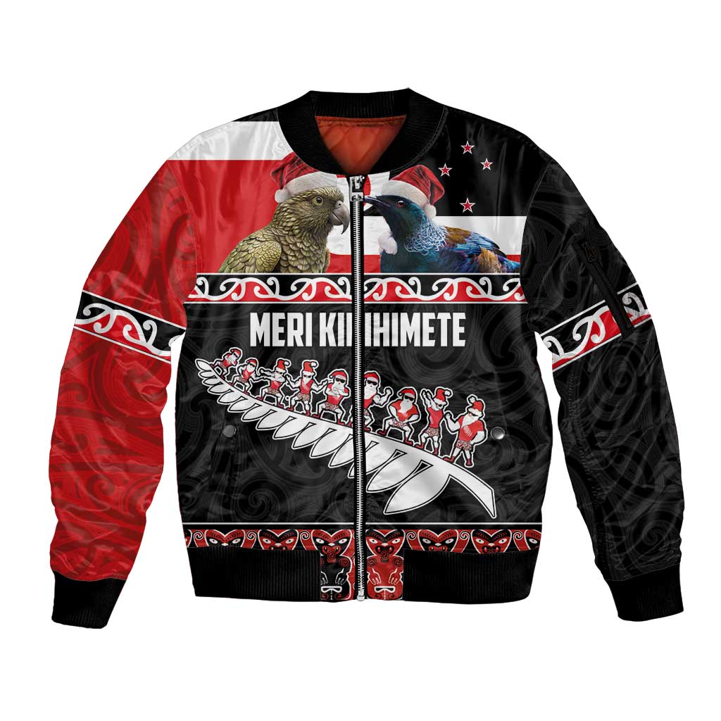 New Zealand Meri Kirihimete Sleeve Zip Bomber Jacket Christmas Tui Bird and Kea Bird - Haka Santa with Maori Koru Art Pattern LT03 Unisex Black - Polynesian Pride