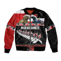 New Zealand Meri Kirihimete Sleeve Zip Bomber Jacket Christmas Tui Bird and Kea Bird - Haka Santa with Maori Koru Art Pattern LT03 Unisex Black - Polynesian Pride