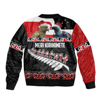 New Zealand Meri Kirihimete Sleeve Zip Bomber Jacket Christmas Tui Bird and Kea Bird - Haka Santa with Maori Koru Art Pattern LT03 - Polynesian Pride