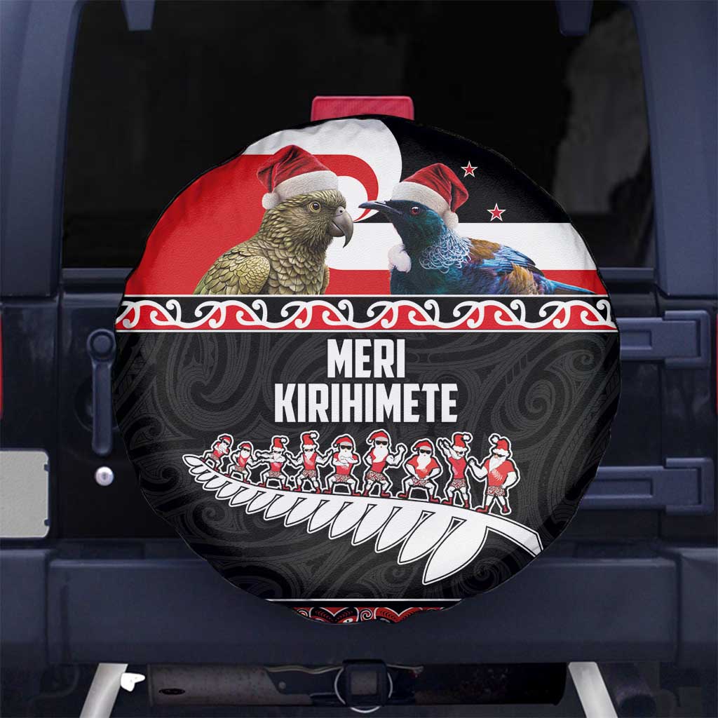 New Zealand Meri Kirihimete Spare Tire Cover Christmas Tui Bird and Kea Bird - Haka Santa with Maori Koru Art Pattern LT03 - Polynesian Pride