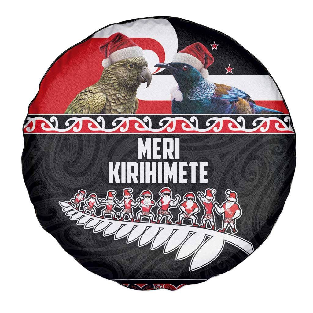 New Zealand Meri Kirihimete Spare Tire Cover Christmas Tui Bird and Kea Bird - Haka Santa with Maori Koru Art Pattern LT03 - Polynesian Pride