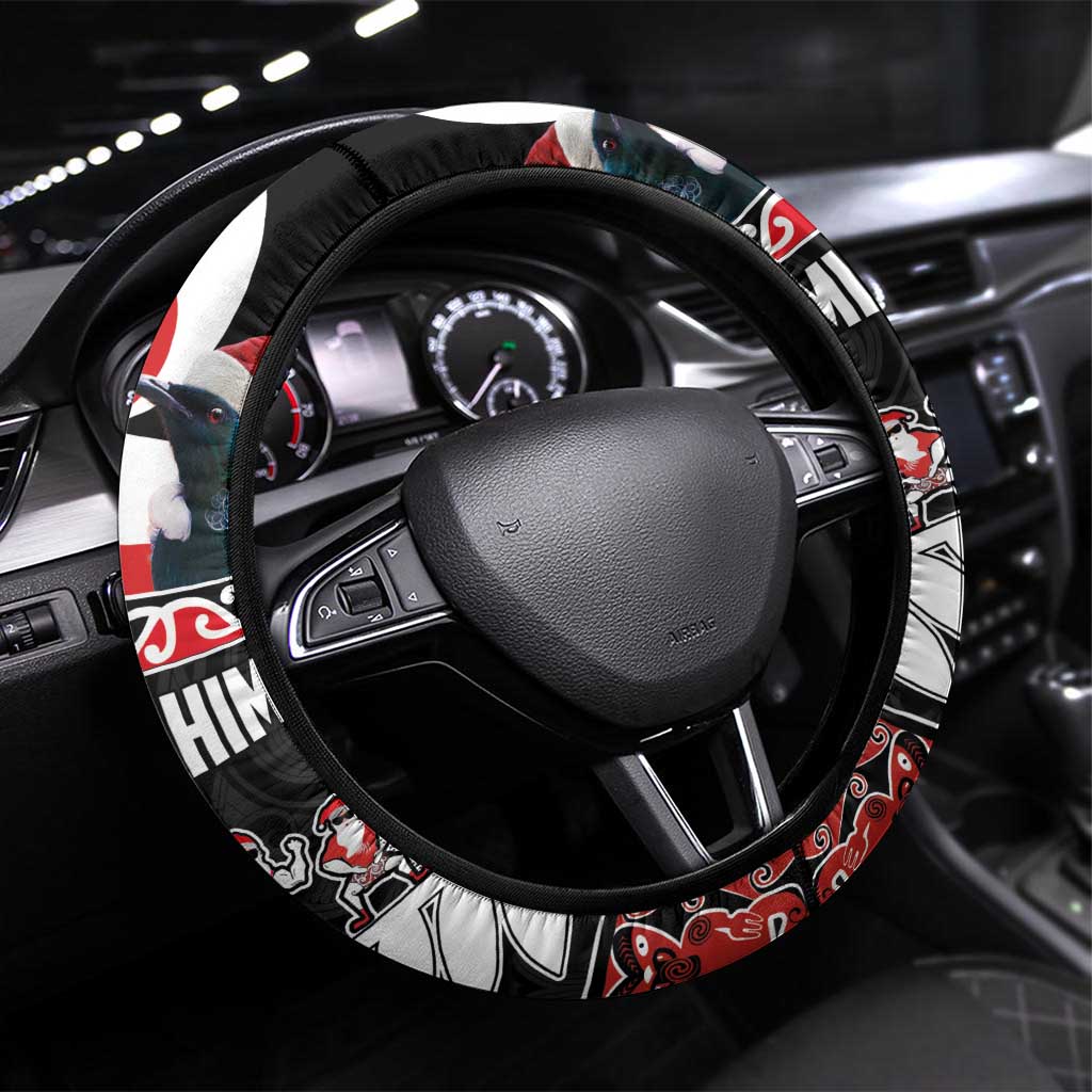 New Zealand Meri Kirihimete Steering Wheel Cover Christmas Tui Bird and Kea Bird - Haka Santa with Maori Koru Art Pattern LT03 Universal Fit Black - Polynesian Pride
