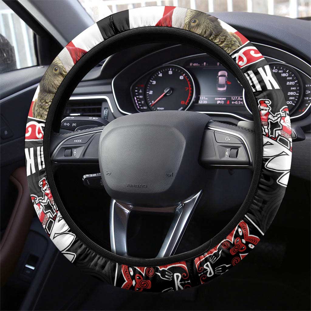 New Zealand Meri Kirihimete Steering Wheel Cover Christmas Tui Bird and Kea Bird - Haka Santa with Maori Koru Art Pattern LT03 - Polynesian Pride