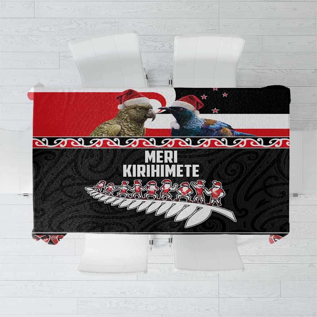 New Zealand Meri Kirihimete Tablecloth Christmas Tui Bird and Kea Bird - Haka Santa with Maori Koru Art Pattern LT03 Black - Polynesian Pride