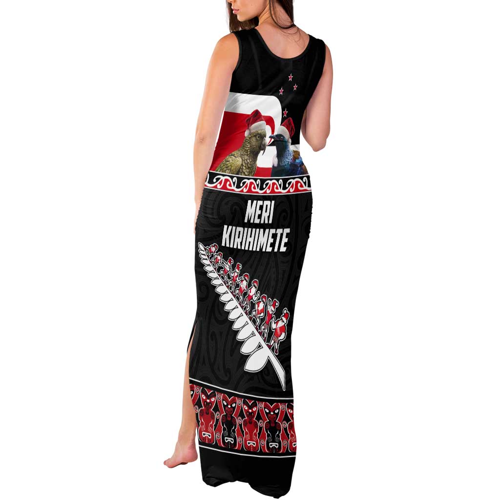 New Zealand Meri Kirihimete Tank Maxi Dress Christmas Tui Bird and Kea Bird - Haka Santa with Maori Koru Art Pattern LT03 - Polynesian Pride