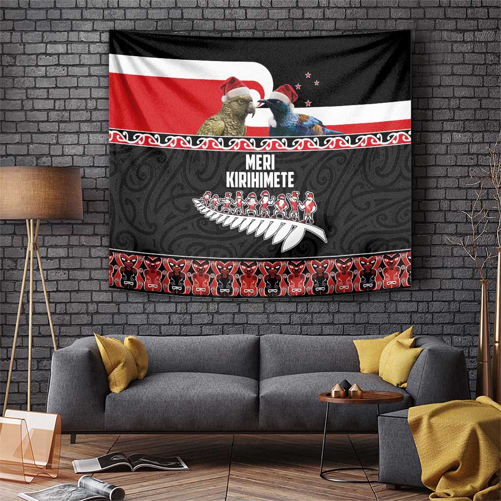 New Zealand Meri Kirihimete Tapestry Christmas Tui Bird and Kea Bird - Haka Santa with Maori Koru Art Pattern LT03 Black - Polynesian Pride