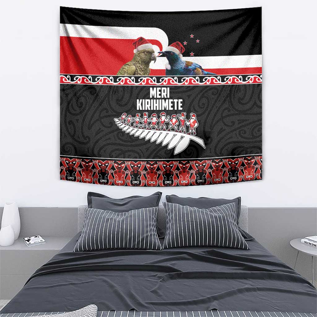 New Zealand Meri Kirihimete Tapestry Christmas Tui Bird and Kea Bird - Haka Santa with Maori Koru Art Pattern LT03 - Polynesian Pride