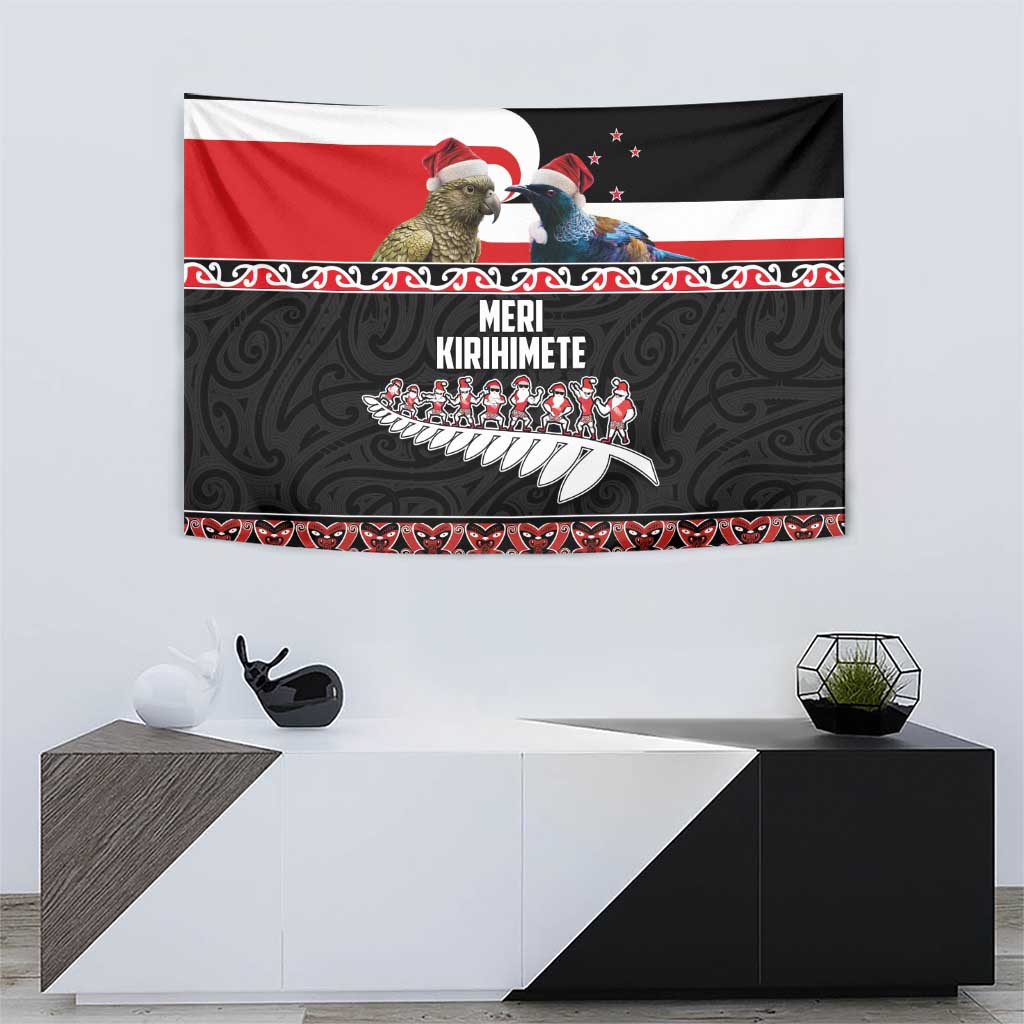 New Zealand Meri Kirihimete Tapestry Christmas Tui Bird and Kea Bird - Haka Santa with Maori Koru Art Pattern LT03 - Polynesian Pride
