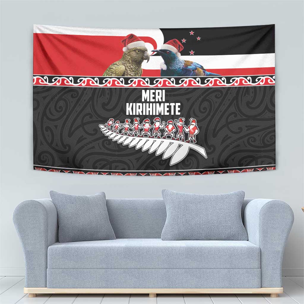 New Zealand Meri Kirihimete Tapestry Christmas Tui Bird and Kea Bird - Haka Santa with Maori Koru Art Pattern LT03 - Polynesian Pride