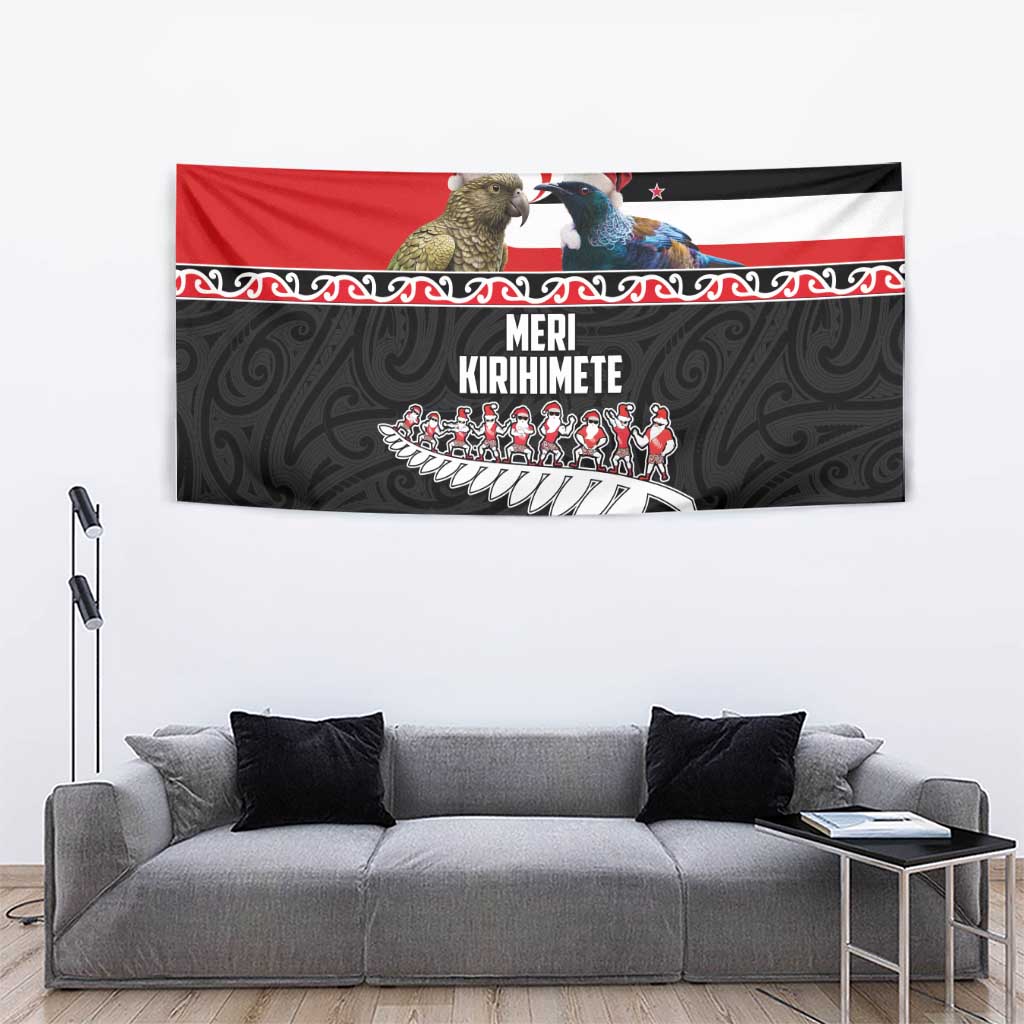 New Zealand Meri Kirihimete Tapestry Christmas Tui Bird and Kea Bird - Haka Santa with Maori Koru Art Pattern LT03 - Polynesian Pride