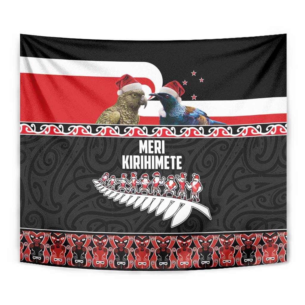New Zealand Meri Kirihimete Tapestry Christmas Tui Bird and Kea Bird - Haka Santa with Maori Koru Art Pattern LT03 - Polynesian Pride
