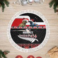 New Zealand Meri Kirihimete Tree Skirt Christmas Tui Bird and Kea Bird - Haka Santa with Maori Koru Art Pattern LT03 Fringed Black - Polynesian Pride