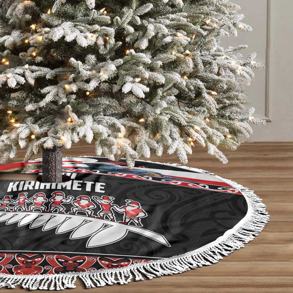New Zealand Meri Kirihimete Tree Skirt Christmas Tui Bird and Kea Bird - Haka Santa with Maori Koru Art Pattern LT03 - Polynesian Pride