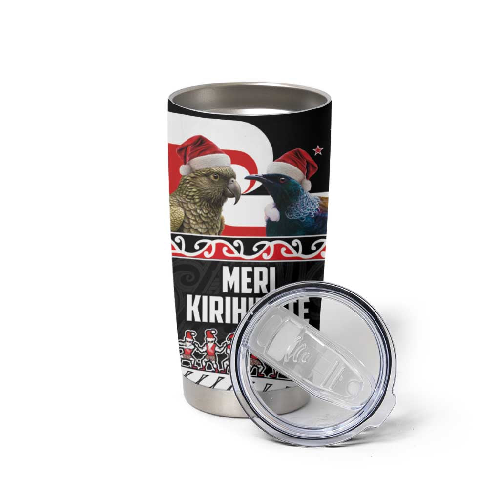 New Zealand Meri Kirihimete Tumbler Cup Christmas Tui Bird and Kea Bird - Haka Santa with Maori Koru Art Pattern LT03 - Polynesian Pride