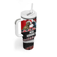 New Zealand Meri Kirihimete Tumbler With Handle Christmas Tui Bird and Kea Bird - Haka Santa with Maori Koru Art Pattern LT03 - Polynesian Pride
