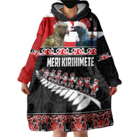 New Zealand Meri Kirihimete Wearable Blanket Hoodie Christmas Tui Bird and Kea Bird - Haka Santa with Maori Koru Art Pattern LT03 - Polynesian Pride