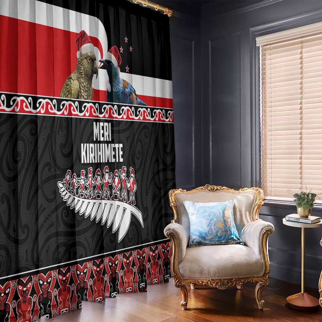 New Zealand Meri Kirihimete Window Curtain Christmas Tui Bird and Kea Bird - Haka Santa with Maori Koru Art Pattern LT03 - Polynesian Pride