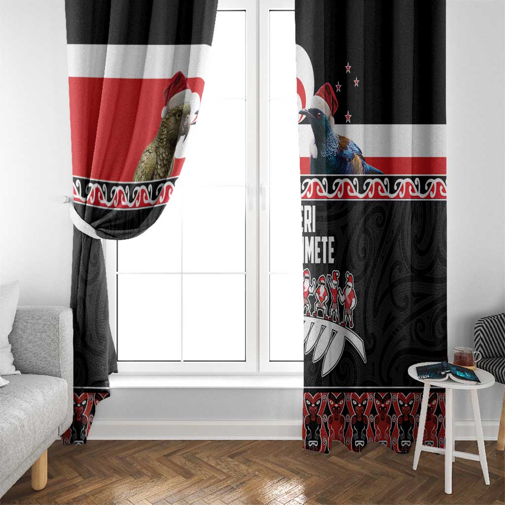 New Zealand Meri Kirihimete Window Curtain Christmas Tui Bird and Kea Bird - Haka Santa with Maori Koru Art Pattern LT03 - Polynesian Pride
