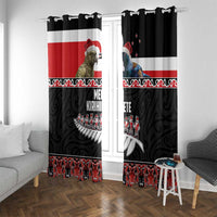 New Zealand Meri Kirihimete Window Curtain Christmas Tui Bird and Kea Bird - Haka Santa with Maori Koru Art Pattern LT03 With Grommets Black - Polynesian Pride