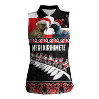 New Zealand Meri Kirihimete Women Sleeveless Polo Shirt Christmas Tui Bird and Kea Bird - Haka Santa with Maori Koru Art Pattern LT03 Female Black - Polynesian Pride