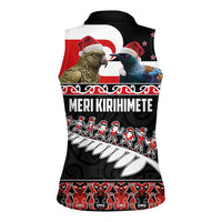 New Zealand Meri Kirihimete Women Sleeveless Polo Shirt Christmas Tui Bird and Kea Bird - Haka Santa with Maori Koru Art Pattern LT03 - Polynesian Pride