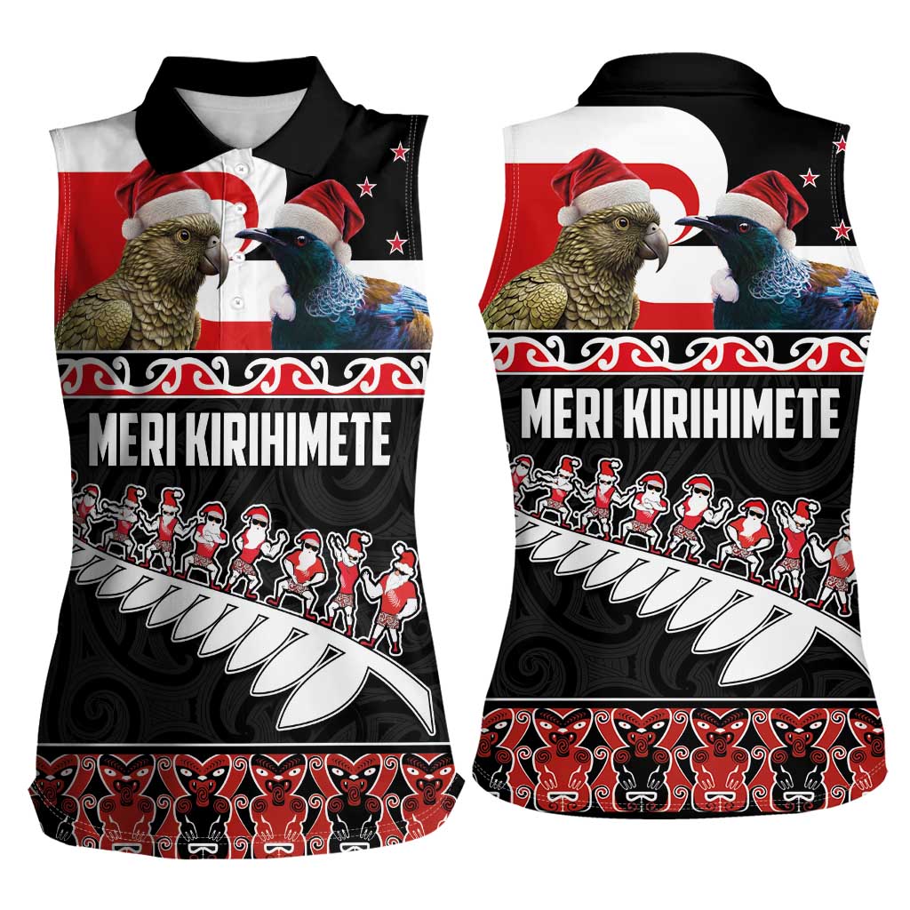 New Zealand Meri Kirihimete Women Sleeveless Polo Shirt Christmas Tui Bird and Kea Bird - Haka Santa with Maori Koru Art Pattern LT03 - Polynesian Pride