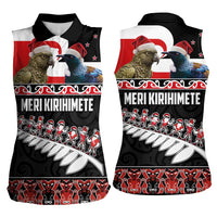 New Zealand Meri Kirihimete Women Sleeveless Polo Shirt Christmas Tui Bird and Kea Bird - Haka Santa with Maori Koru Art Pattern LT03 - Polynesian Pride