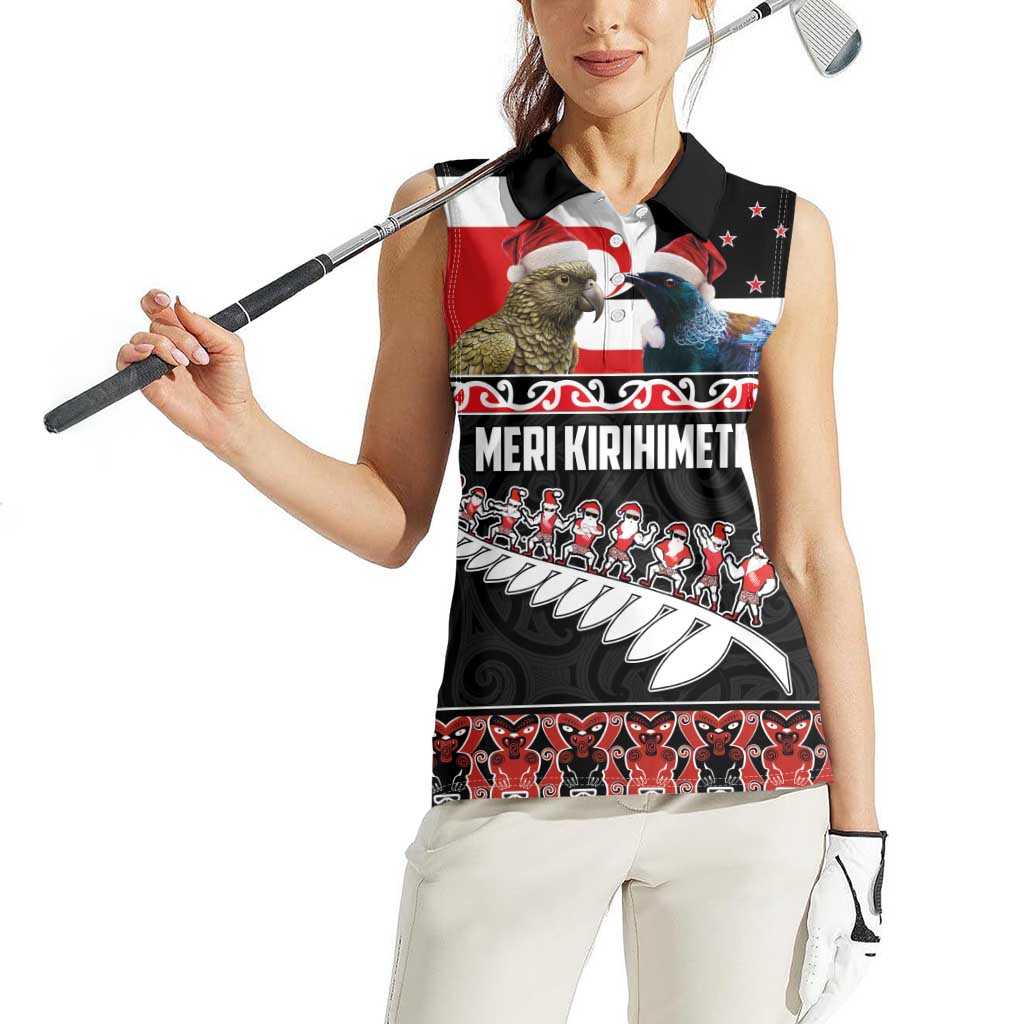 New Zealand Meri Kirihimete Women Sleeveless Polo Shirt Christmas Tui Bird and Kea Bird - Haka Santa with Maori Koru Art Pattern LT03 - Polynesian Pride