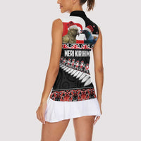 New Zealand Meri Kirihimete Women Sleeveless Polo Shirt Christmas Tui Bird and Kea Bird - Haka Santa with Maori Koru Art Pattern LT03 - Polynesian Pride
