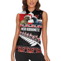 New Zealand Meri Kirihimete Women Sleeveless Polo Shirt Christmas Tui Bird and Kea Bird - Haka Santa with Maori Koru Art Pattern LT03 - Polynesian Pride