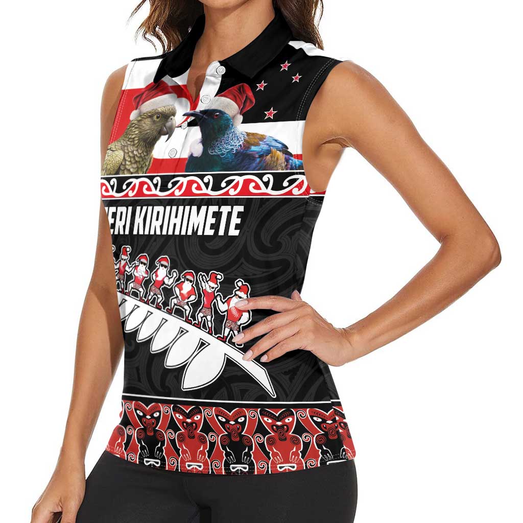 New Zealand Meri Kirihimete Women Sleeveless Polo Shirt Christmas Tui Bird and Kea Bird - Haka Santa with Maori Koru Art Pattern LT03 - Polynesian Pride