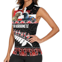 New Zealand Meri Kirihimete Women Sleeveless Polo Shirt Christmas Tui Bird and Kea Bird - Haka Santa with Maori Koru Art Pattern LT03 - Polynesian Pride