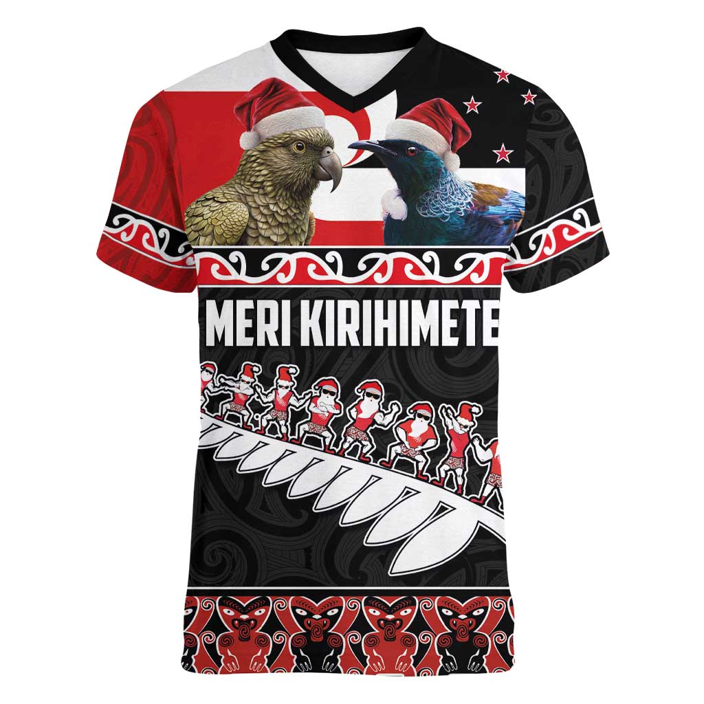 New Zealand Meri Kirihimete Women V-Neck T-Shirt Christmas Tui Bird and Kea Bird - Haka Santa with Maori Koru Art Pattern LT03 Female Black - Polynesian Pride