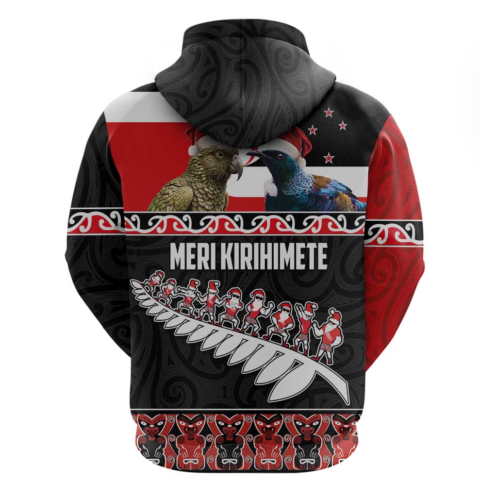New Zealand Meri Kirihimete Zip Hoodie Christmas Tui Bird and Kea Bird - Haka Santa with Maori Koru Art Pattern LT03 - Polynesian Pride