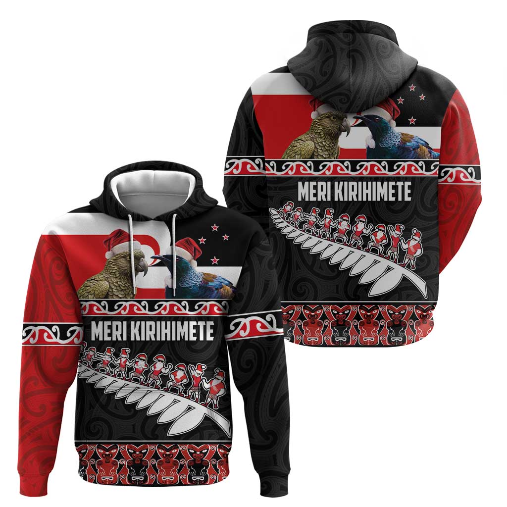 New Zealand Meri Kirihimete Zip Hoodie Christmas Tui Bird and Kea Bird - Haka Santa with Maori Koru Art Pattern LT03 - Polynesian Pride