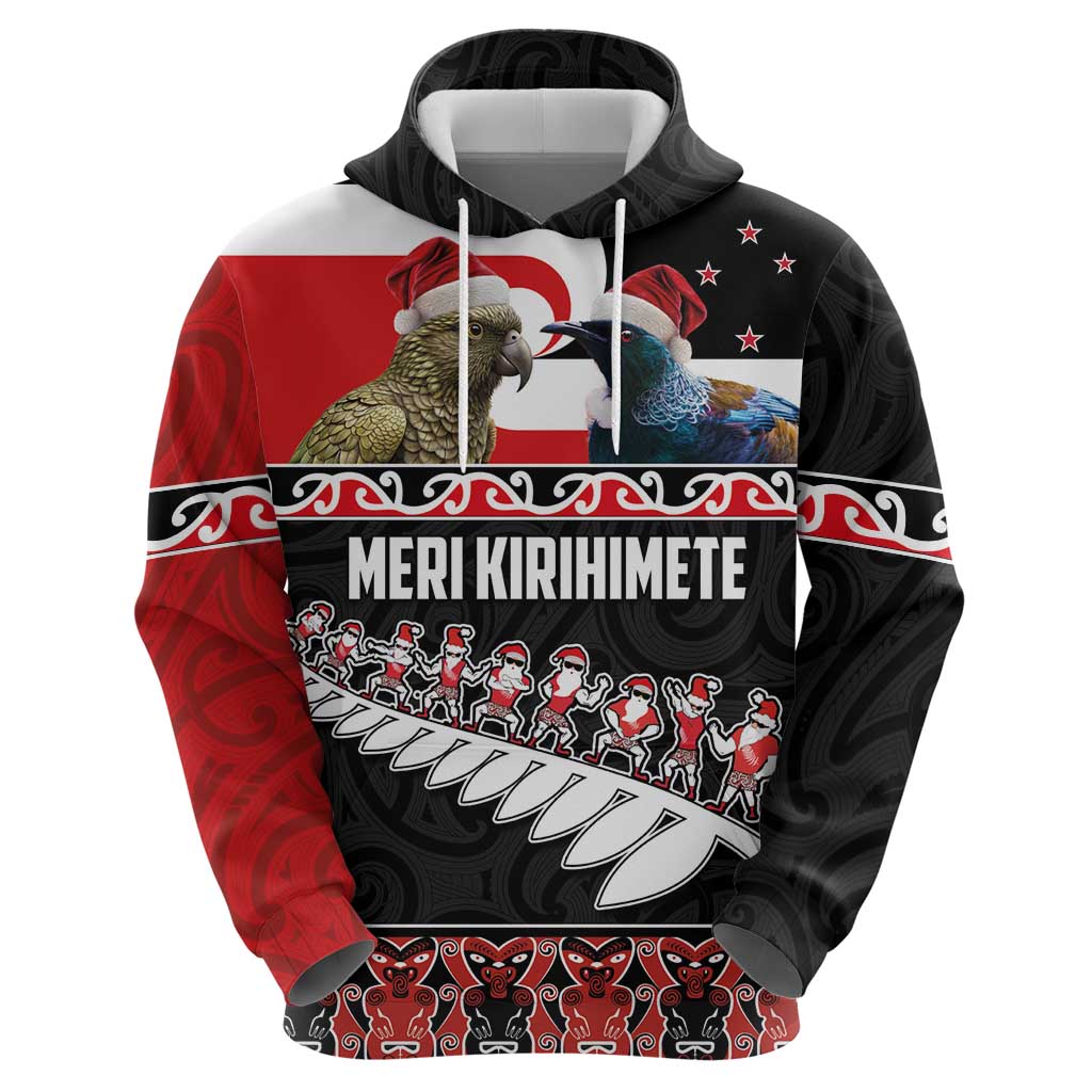New Zealand Meri Kirihimete Zip Hoodie Christmas Tui Bird and Kea Bird - Haka Santa with Maori Koru Art Pattern LT03 - Polynesian Pride