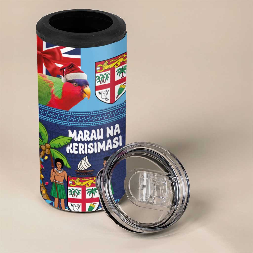 Fiji Marau na Kerisimasi 4 in 1 Can Cooler Tumbler Christmas Collared Lory - Fiji Emblems and Xmas Palm Tree Tapa Art Pattern LT03 - Polynesian Pride