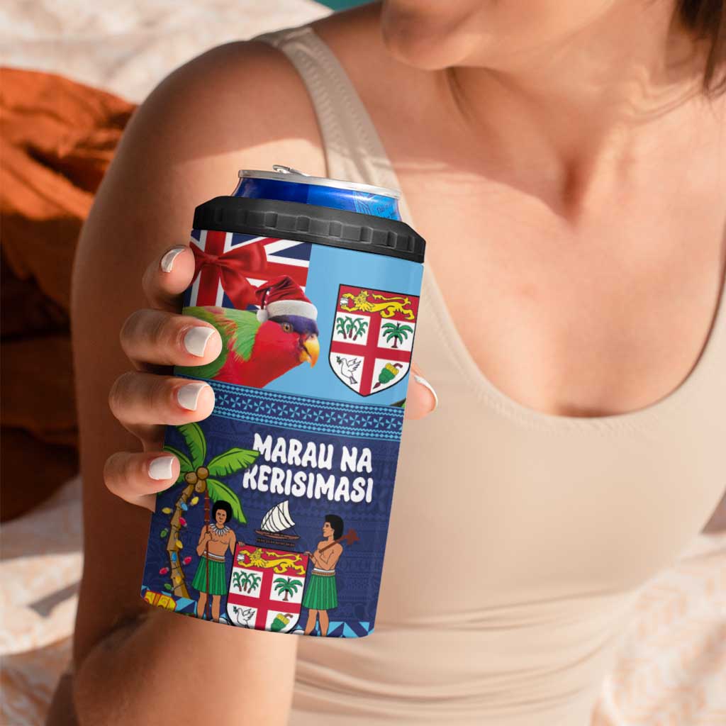 Fiji Marau na Kerisimasi 4 in 1 Can Cooler Tumbler Christmas Collared Lory - Fiji Emblems and Xmas Palm Tree Tapa Art Pattern LT03 - Polynesian Pride