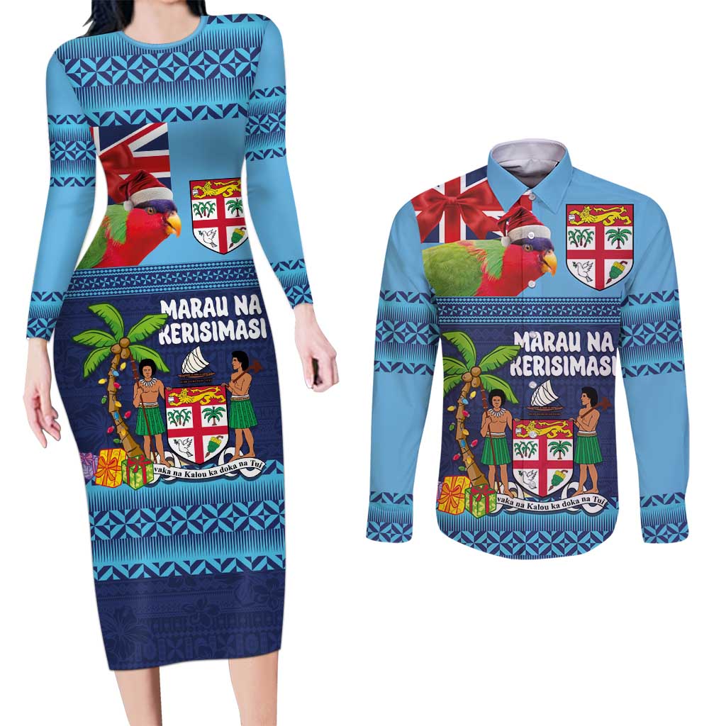 Fiji Marau na Kerisimasi Couples Matching Long Sleeve Bodycon Dress and Long Sleeve Button Shirt Christmas Collared Lory - Fiji Emblems and Xmas Palm Tree Tapa Art Pattern LT03 Blue - Polynesian Pride