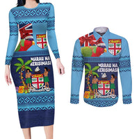 Fiji Marau na Kerisimasi Couples Matching Long Sleeve Bodycon Dress and Long Sleeve Button Shirt Christmas Collared Lory - Fiji Emblems and Xmas Palm Tree Tapa Art Pattern LT03 Blue - Polynesian Pride