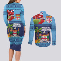 Fiji Marau na Kerisimasi Couples Matching Long Sleeve Bodycon Dress and Long Sleeve Button Shirt Christmas Collared Lory - Fiji Emblems and Xmas Palm Tree Tapa Art Pattern LT03 - Polynesian Pride