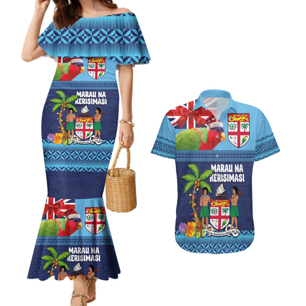 Fiji Marau na Kerisimasi Couples Matching Mermaid Dress and Hawaiian Shirt Christmas Collared Lory - Fiji Emblems and Xmas Palm Tree Tapa Art Pattern LT03 Blue - Polynesian Pride