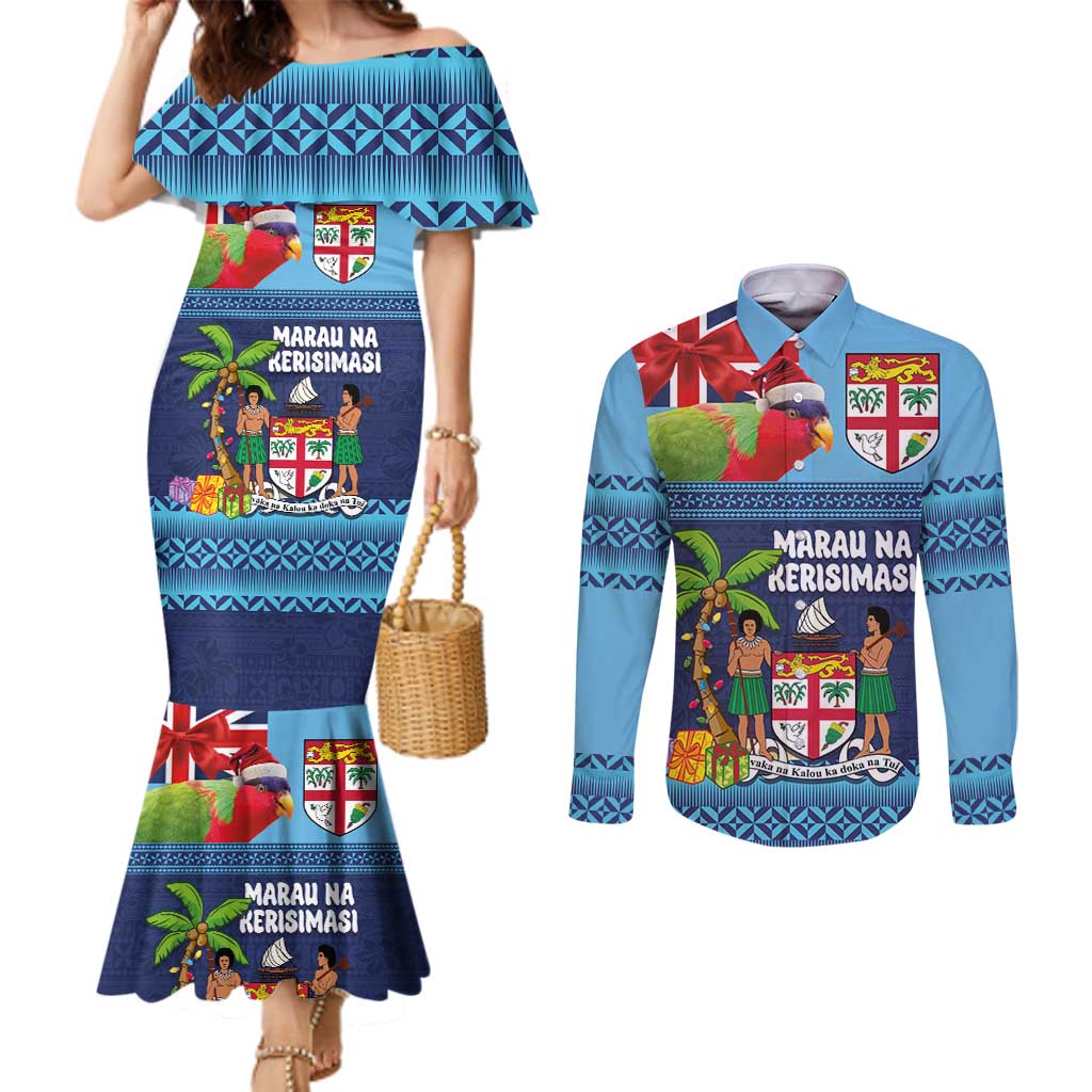 Fiji Marau na Kerisimasi Couples Matching Mermaid Dress and Long Sleeve Button Shirt Christmas Collared Lory - Fiji Emblems and Xmas Palm Tree Tapa Art Pattern LT03 Blue - Polynesian Pride